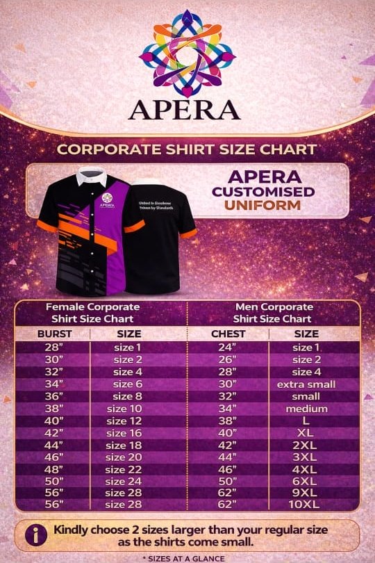 APERA corporate shirt size chart: female sizes by bust, men's sizes by chest. Choose 2 sizes larger than your regular size.